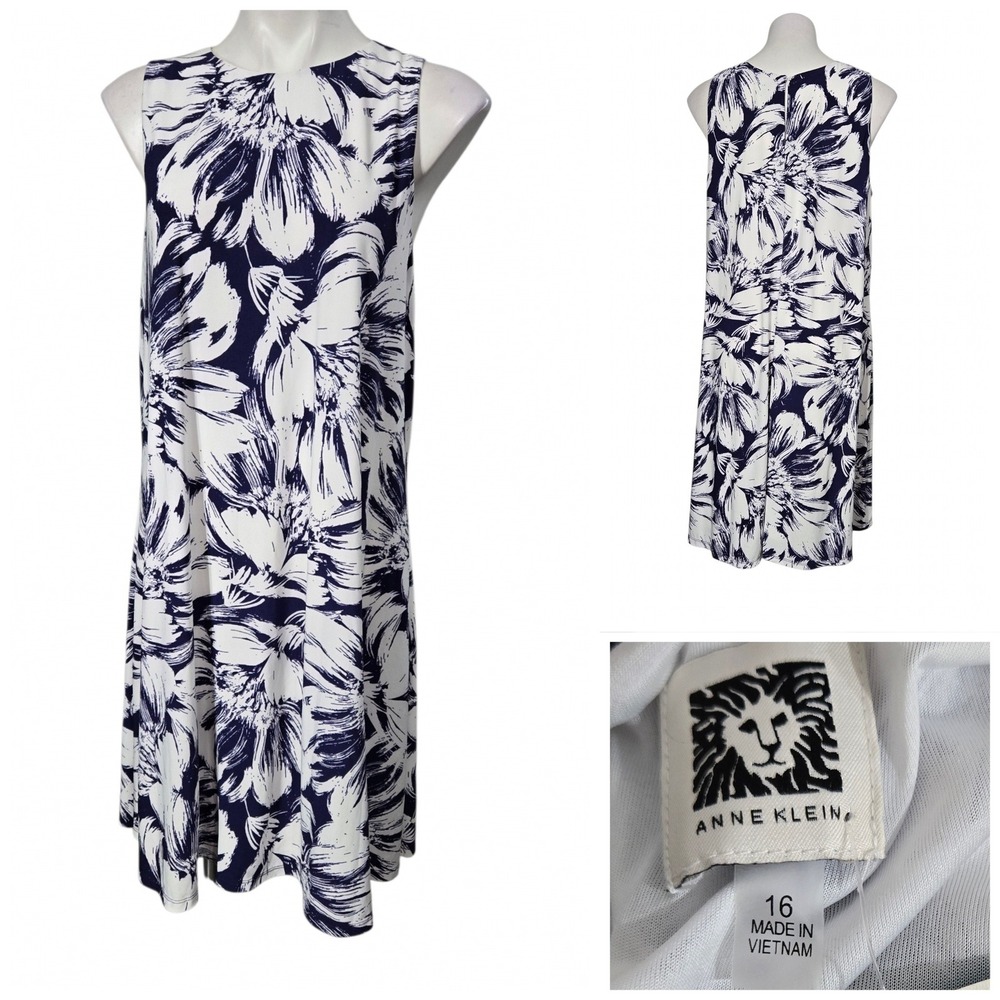 Anne Klein shift dress Navy White Floral Sleeveless Size 16 NWT